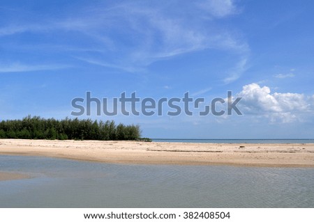 nice beach and nice sky,there are nice sand,sea,cloud,sky and some tree in a picture.