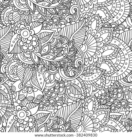 Hand drawn artistic ethnic ornamental patterned floral frame in doodle, zentangle style for adult coloring pages, t-shirt or prints. Vector spring illustration.seamless pattern