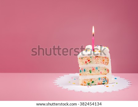 Slice of Birthday Cake with candle over a pink background.