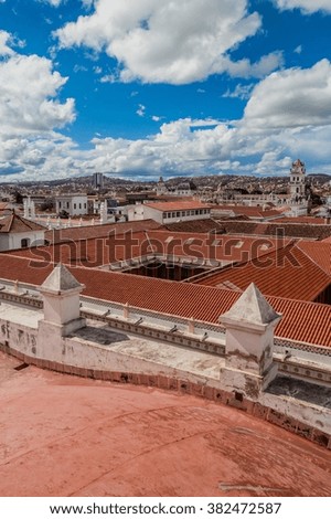 Aerial view of Sucre, capital of Bolivia taken from the roof of Templo Nuestra Senora de la Merced church.