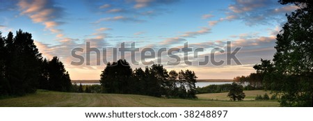 Panorama from 3 pictures, a sunset over lake Svitjaz in Belarus.