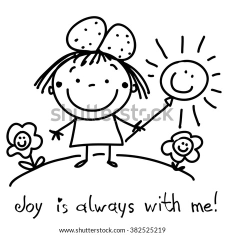 Graphic black and white drawing of a happy little girl. Cute joyful draw for your text.