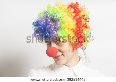 Funny clown woman, female  on white background