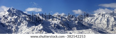 Panoramic view on snowy mountains in sunny day. Caucasus Mountains. Svaneti region of Georgia.