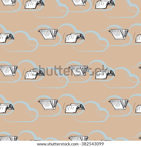 Flying books with clouds. Seamless pattern. Vector sketch. 
