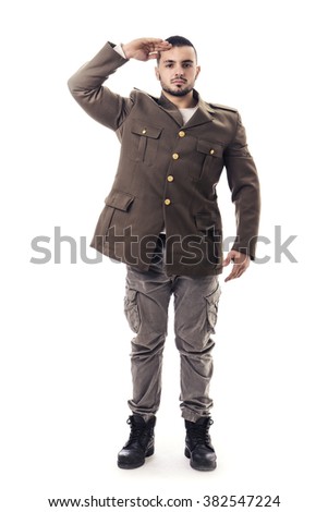 Bearded man saluting while wearing military uniform