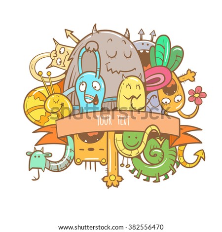 Vector card with cute cartoon monsters group. Doodle style.