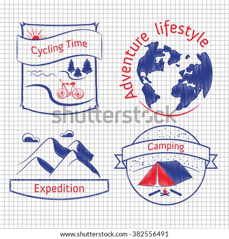Hand drawn vector badges for camping, cycling, expedition. Set of vintage doodle labels of travel, wild nature, climbing, life in the mountains. Adventure lifestyle concept