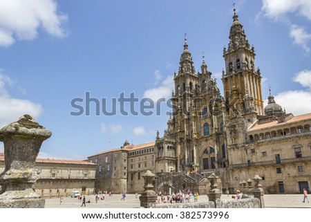 Facade of Santiago de Compostela cathedral in Obradoiro square Royalty-Free Stock Photo #382573996
