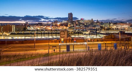Panoramic view of Sheffield city center and the train station. Royalty-Free Stock Photo #382579351