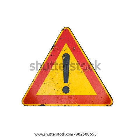 Bright red and yellow triangle warning road sign with exclamation mark isolated on white background