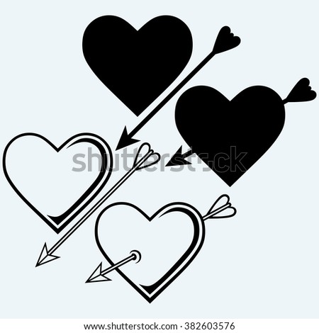 The symbol of the heart with an arrow. By the day of lovers. Valentine day. Isolated on blue background. Vector silhouettes