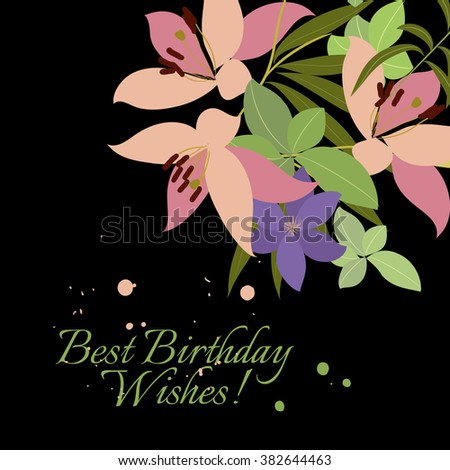 Vector greeting card with pink lily and violet arabis flower arrangement for your celebration
