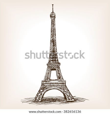 Eiffel Tower sketch style raster illustration. Old engraving imitation. Eiffel Tower landmark hand drawn sketch imitation