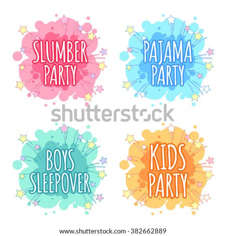 Kids party logo. Four badges for kids party in the spot shape. Vector clip art illustration on a white background.