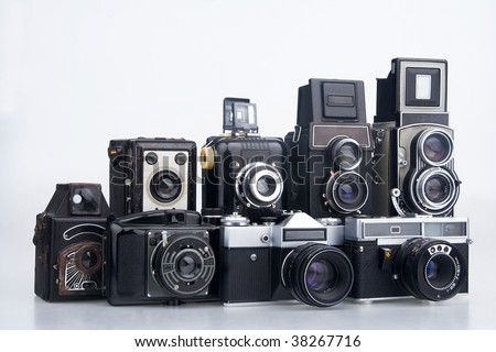 Group old cameras.On white background.