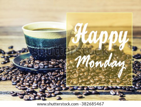 Word "Happy Monday" on image of a cup of coffee with coffee beans on wooden background