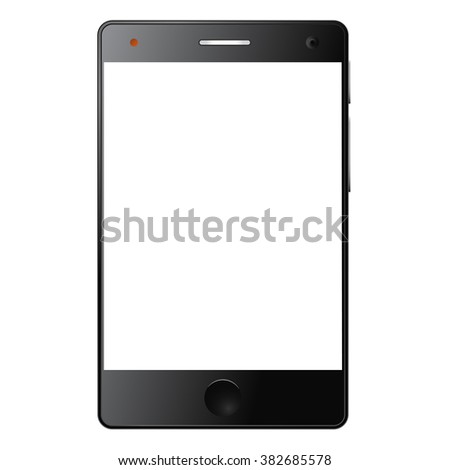 Vector illustration of modern touch screen smart phone with reflection. Isolated on white background. Circle button. White screen. Front camera.