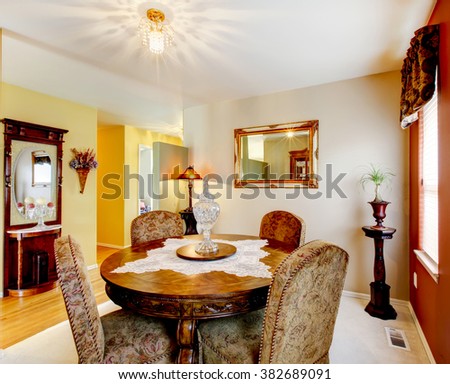 Dinning room with carpet and decorative table