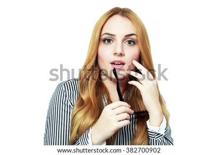 Shock woman hold glasses. Isolated on white background
