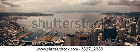 Seattle bay rooftop panorama view with urban architecture.