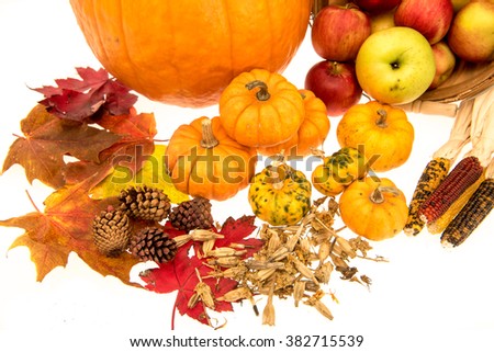 Image of things associated with, autumn, harvest and holidays for the time of year.