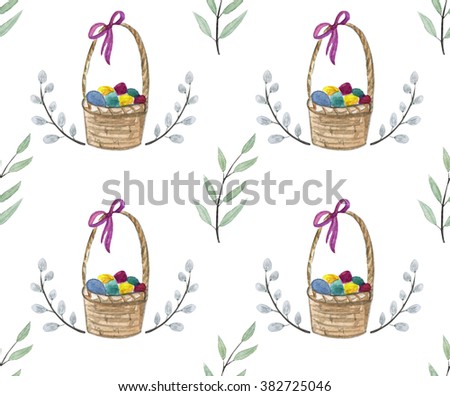 Watercolor Easter seamless pattern with colorful eggs in the basket with ribbon and willow leaves. Handdrawn pattern with white background. Ideal for textile, greeting cards, brochures and craft paper