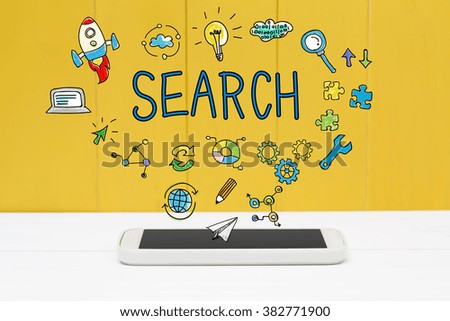 Search concept with smartphone on yellow wooden background