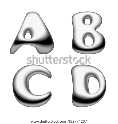 Metal and liquid mercury Alphabet capital letters set isolated on white
