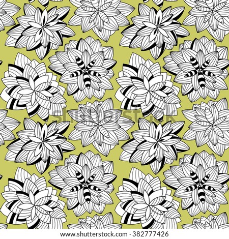 Vector seamless green,black and white doodle outline pattern with abstract  leaves and flowers. Spring, summer fashion floral print.
