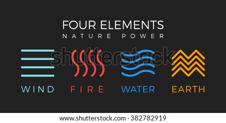 Four elements icons, line symbols. Vector logo template.  Wind, fire, water, earth symbol. Pictograph.