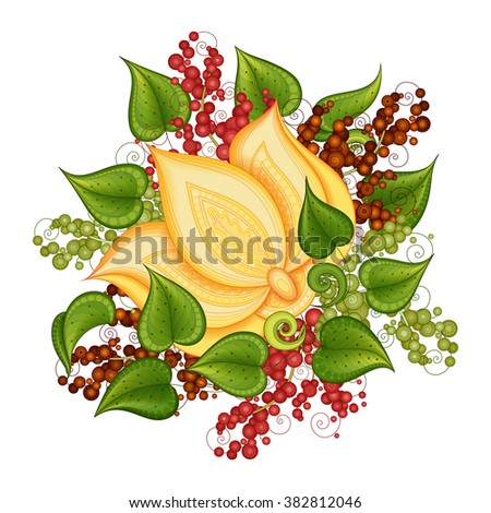 Vector Colored Floral Background. Hand Drawn Ornament with Yellow Flower and Decorative Berries on White Background. Template for Greeting Card