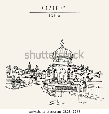View of Udaipur, Rajasthan, India. Hindu temple, ghat. Hand drawn cityscape sketch. Travel art. Vintage artistic postcard template. Vector illustration Royalty-Free Stock Photo #382849966