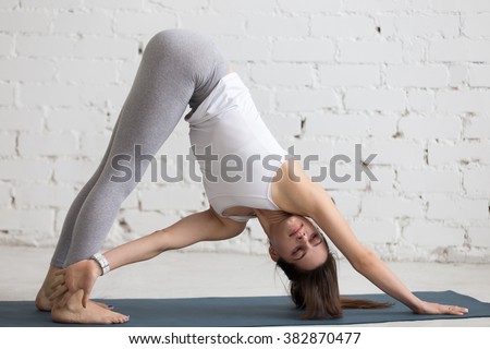 Beautiful young woman working out indoors, doing yoga exercise in the room with white walls, Revolved Downward-Facing Dog Posture, Parivrtta Adho Mukha Svanasana, full length, front view
