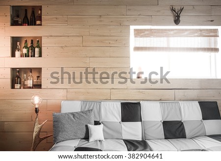 Vintage Rustic Flat Old Plank of Wood Wall Perspective with Horns and Whisky Bottles (no logo) Perfect for Painting or Picture Frame Addition