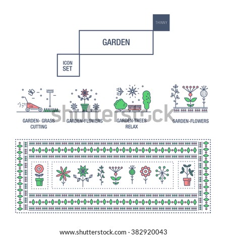 Modern thin line garden isolated flower icon set and premium quality decorate ornaments pack