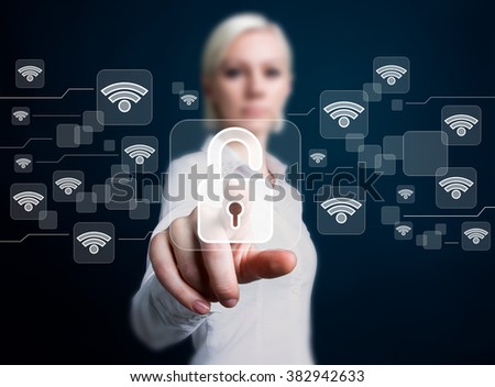 Social network business WiFi woman presses button security lock