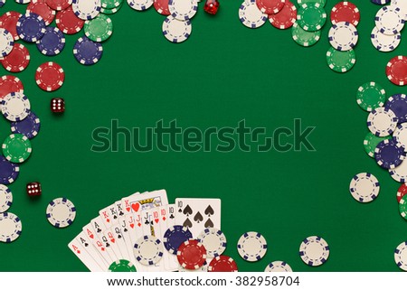Post blog social media poker. View from above with copy space. Banner template layout mockup for online casino. Green table, top view on workplace. banner for online casinos and gambling