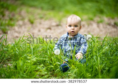 Nice open-eyed baby boy sitting in green grass with white dandelions in blue checkered shirt, horizontal photo