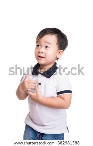 Young asian boy take medicine and drink water . Heath and hospital concept