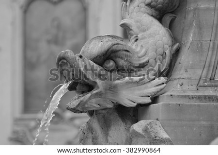 Fontana del Pantheon at the square Rotonda in Rome, Italy. Black and white picture