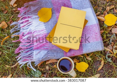 cup of hot coffee with a warm blanket and a romantic book in the autumn forest Top view