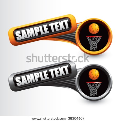 basketball hoop on tilted orange and gray banners