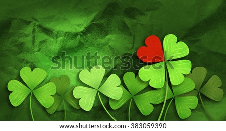 Four leaf clover and red heart background. St. Patrick's day background. Clover background