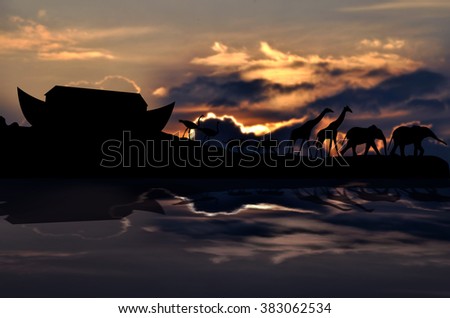 Noah's ark and animals, cloudy sunset in background Royalty-Free Stock Photo #383062534