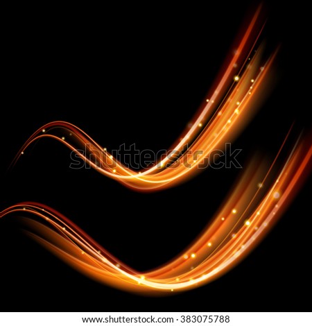 Vector magic glowing spark swirl trail trace light effect on black background. Bokeh glitter fire wave line with flying sparkling flash lights.