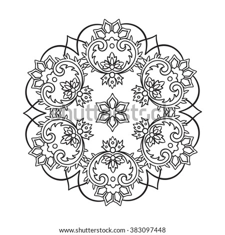 Coloring book pages for kids and adults. Hand drawn abstract design. Decorative Indian round lace ornate mandala. Snowflake