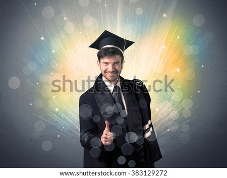 Happy graduate with colorful bokeg lights in the background grunge wall