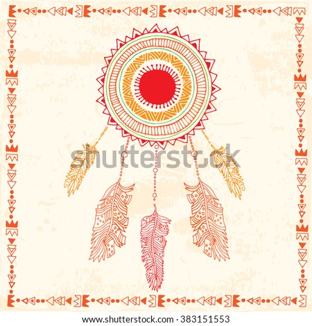 Dreamcatcher illustration with feathers in boho style 