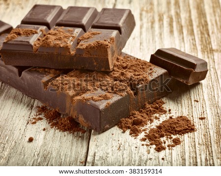 close up of chocolate pieces on  wooden background